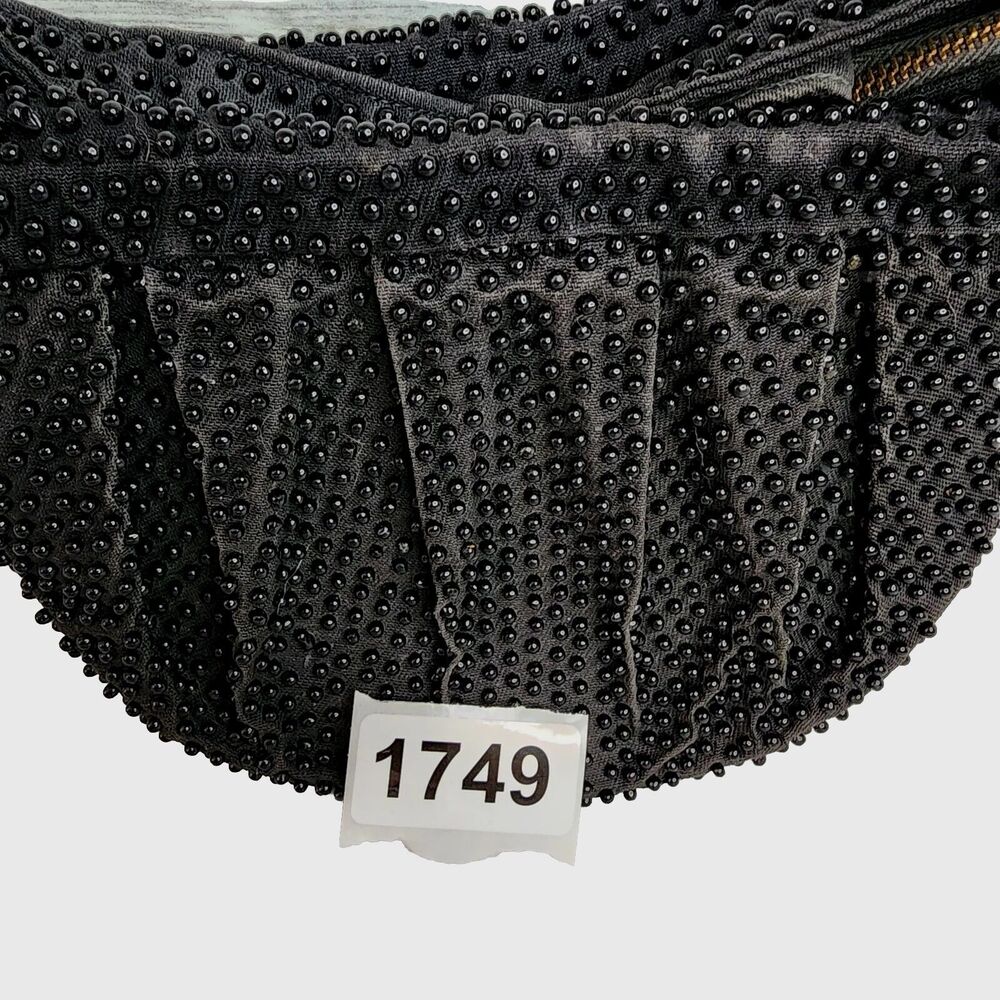 Vintage Plastic Beaded Bag Pleated Satchel Crescent Black Zippered Closure - Picture 13 of 16
